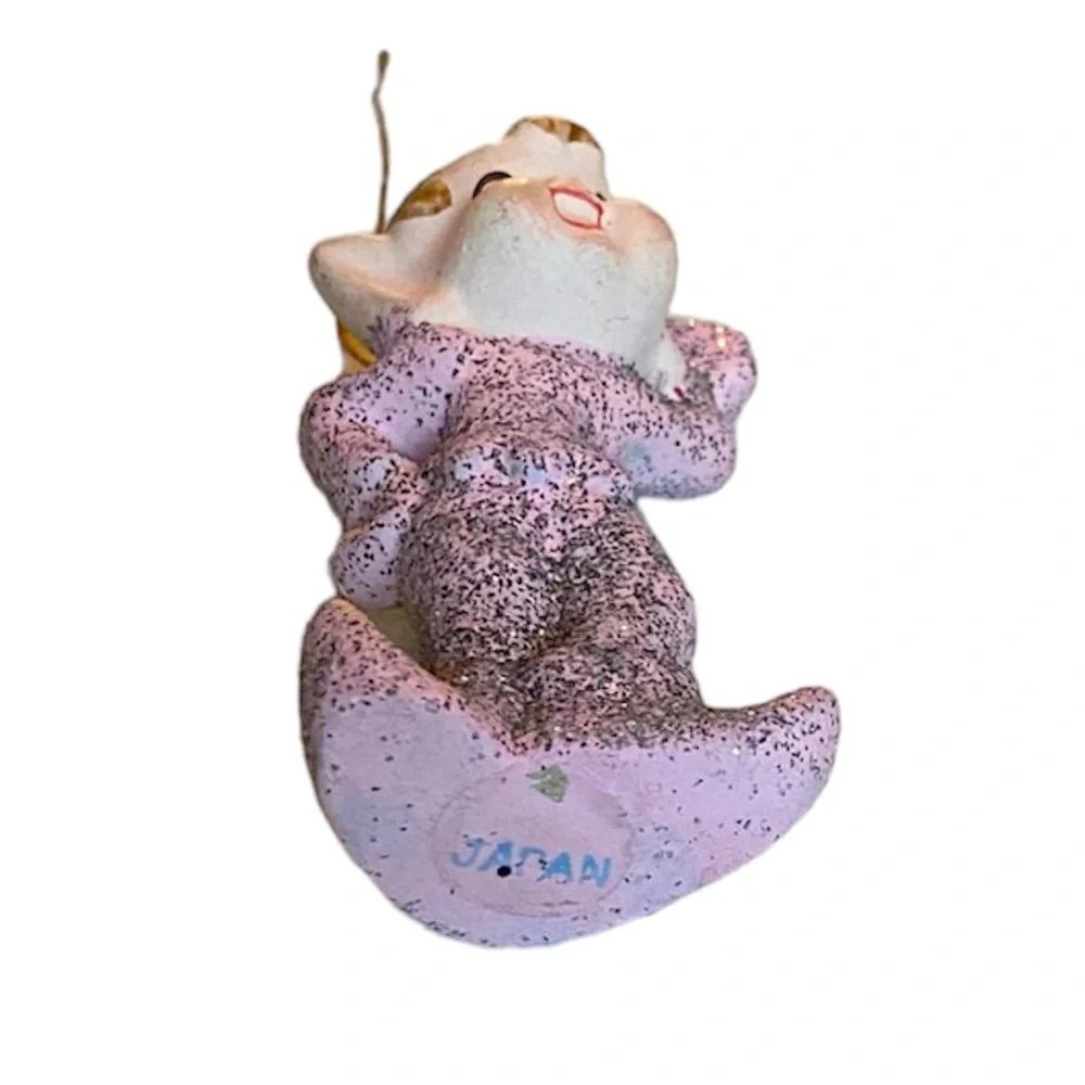 Vintage Christmas Ornament Pixie Elf Antique Japan Pink Mica Glitter 40’s 50’s